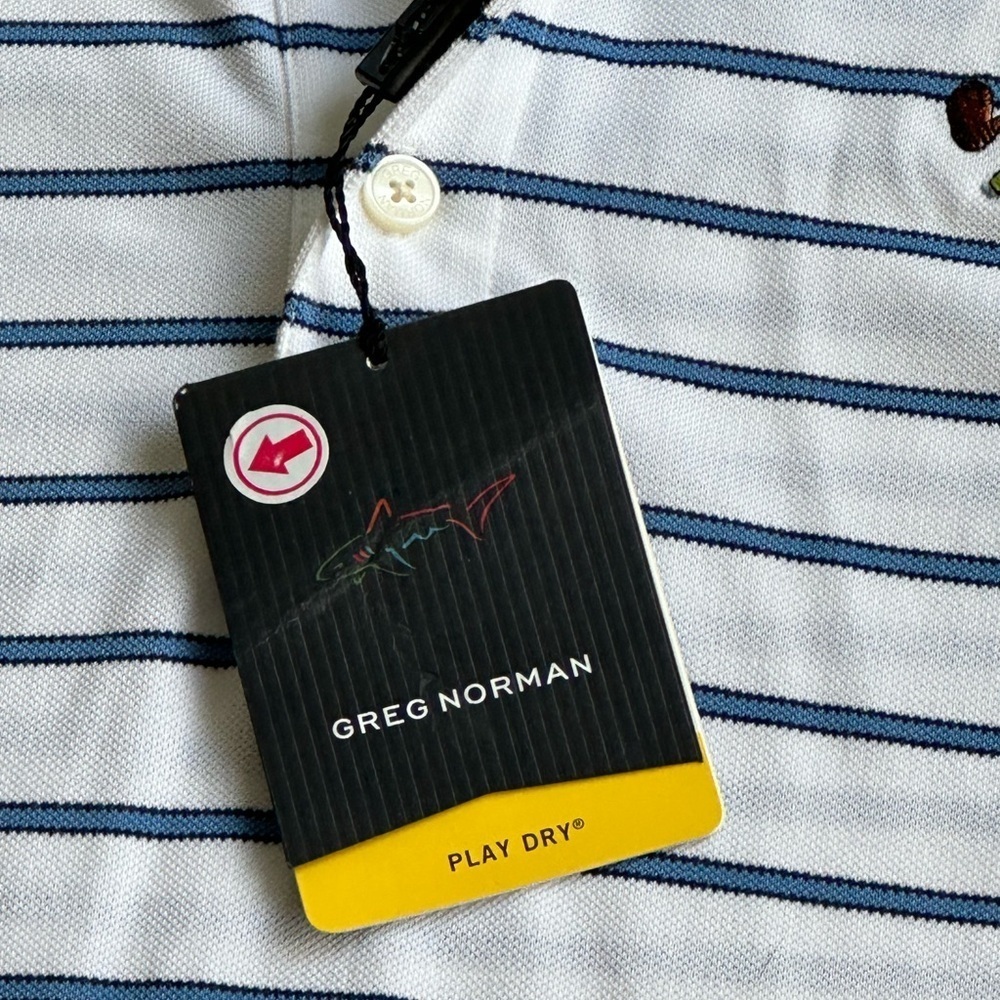 Greg Norman Grumpy Golf Shirt Play Dry White W/Blue Black Stripes XXL Tags/Flaw - Picture 5 of 11